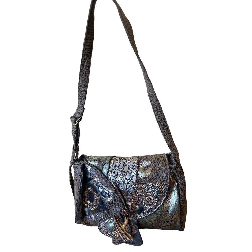 Metallic Blue Patterned Shoulder Bag - Picture 3 of 16